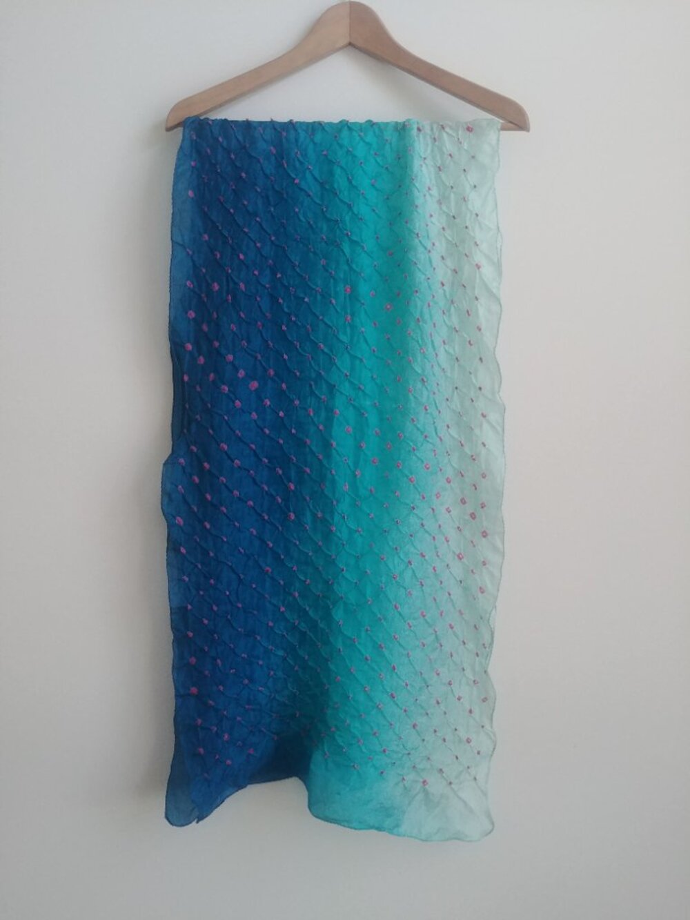 Blue gradient ombre large rectangle silk scarf with textured pattern